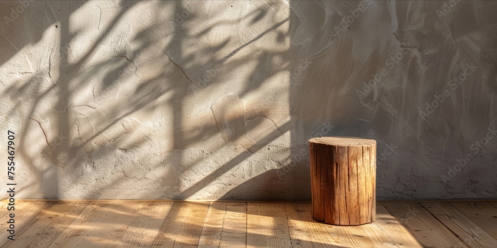 Wooden log stool in a room with shadow patterns on the wall. Wooden log stool in a room with shadow patterns on the wall.