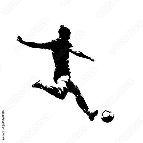 Soccer, woman playing football, female soccer player kicking ball, isolated vector silhouette, rear view
