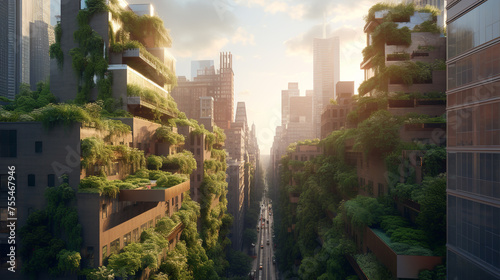 Overhead view of cityscape overtaken by lush vertical gardens on buildings © yarohork