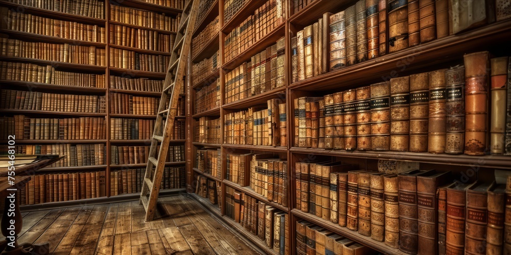 Old library with shelves full of antique books.