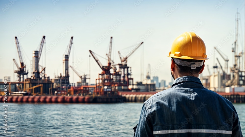 Port Engineer or Technician working onshore of oil and gas platform in shipyard. Port Engineer or Technician working onshore of oil and gas platform in shipyard.