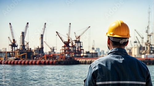 Port Engineer or Technician working onshore of oil and gas platform in shipyard.