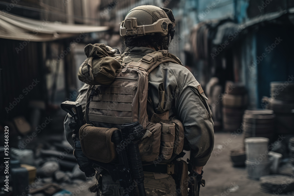 A man in a military uniform is walking through an alley