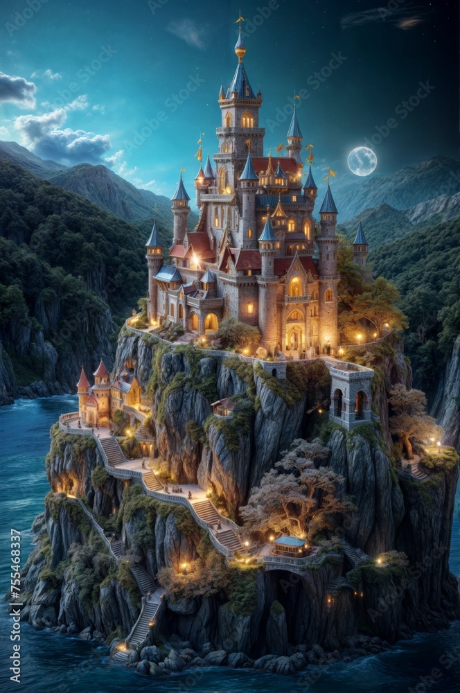 Fairytale castle on the cliff at night. Fantasy landscape.
