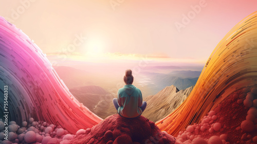Back view of a woman sitting in a meditative pose on a red rock photo