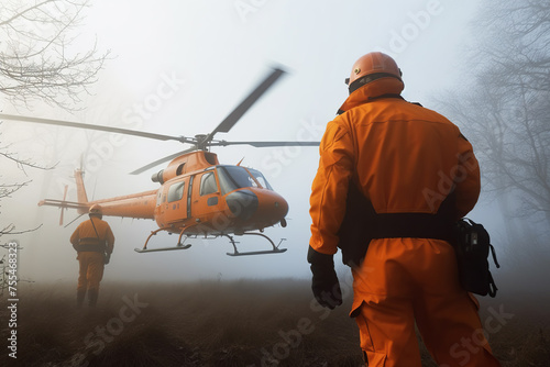 Man in Orange Uniform Standing by Helicopter. Rescuers in foggy mountains concept