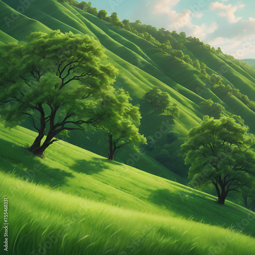 Spring Landscape with Green Hills and Blue Sky,