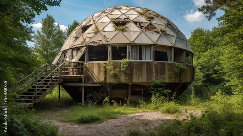 A round building from the back view, abandoned facility, amid dense forest
