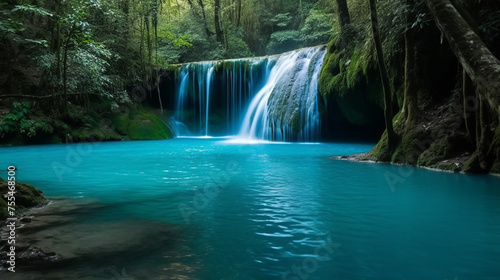 A dynamic waterfall flowing into a vibrant blue river