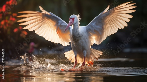 White crested ibis splashes in lake water and sunset
 photo