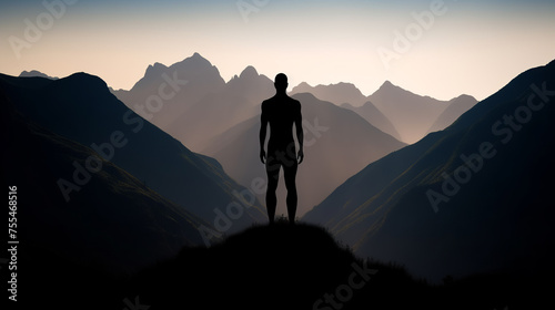 Silhouette of a man standing on the peak of a mountain © yarohork