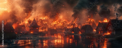 Depiction of a Viking Attack Setting a Medieval Village Ablaze. Concept Historical Reenactment, Warrior Battle Scenes, Medieval Architecture, Inferno Scenes, Viking Raiders