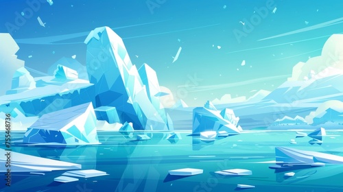 The arctic landscape with icebergs floating in the oceans and seas. Illustration of a blue polar landscape with glaciers and snow mountains. Cold northern horizons with floes floating in the water. photo