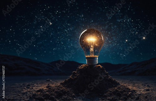 A light bulb shines brightly on a pile of dirt. There is a backdrop full of stars in the night sky