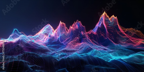 Abstract digital landscape of glowing wireframe mountains.