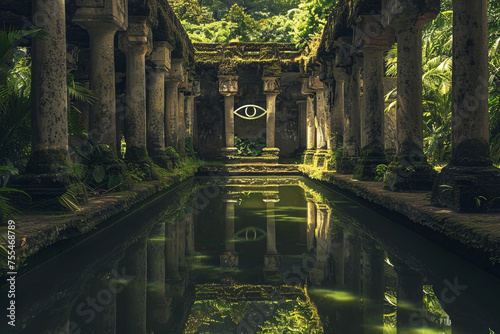 Serene scene featuring a solitary eye of providence symbol floating above a reflective pool of water, framed by ancient stone columns and lush greenery. photo