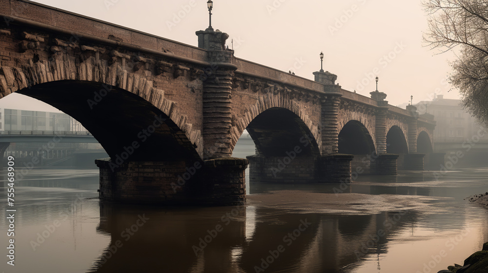 A bridge crossing a body of water, showcasing historic architecture