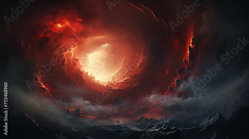 A depiction of a large red and black object set against a dark sky.