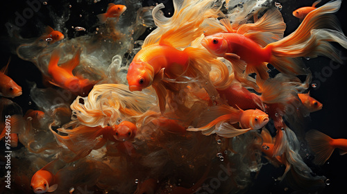 Multiple goldfish swimming together in aquatic environment