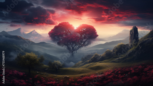 A heart shaped tree is prominently displayed in the middle of a vast field