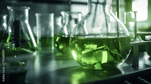 Multiple glass flasks lined up, each containing green liquid.