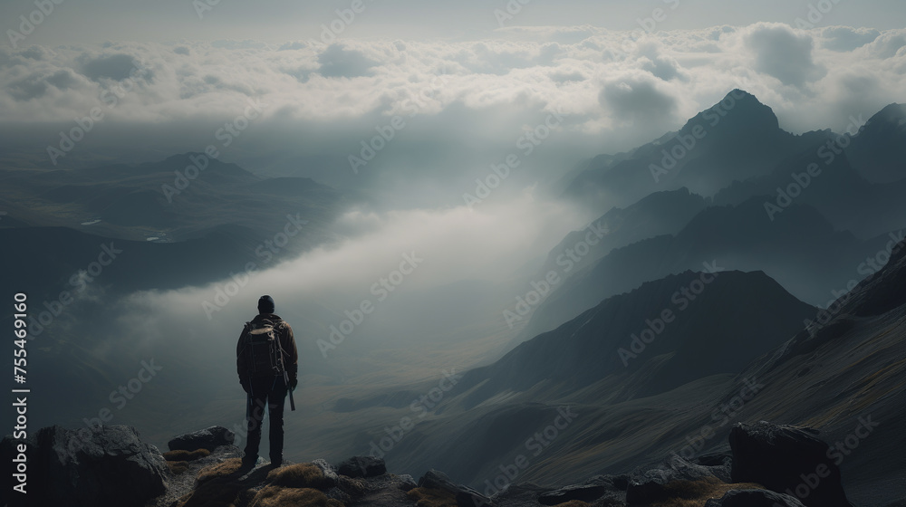 Person standing triumphantly on mountain summit