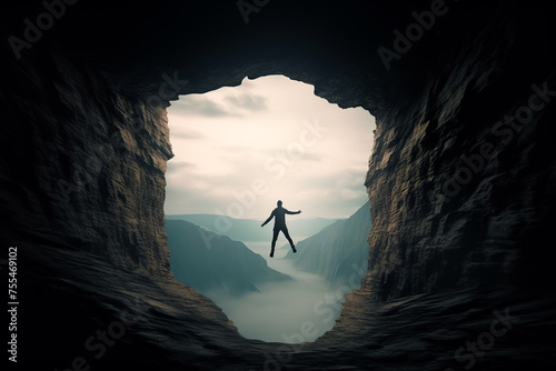 A man floats in air inside a cave with his arms outstretched in a powerful posture