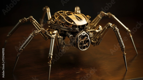 A mechanical spider, in gold and black, sits on a table