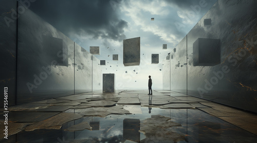 A person standing indoors with a walls view of the sky through a large window