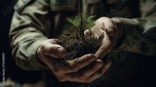 Soldier carefully holds plant in his hands, focusing on research and development of the environment