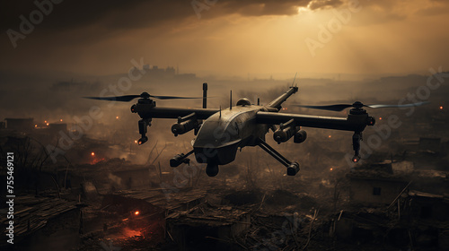 A large military drone plane soaring above a city, showcasing its powerful presence