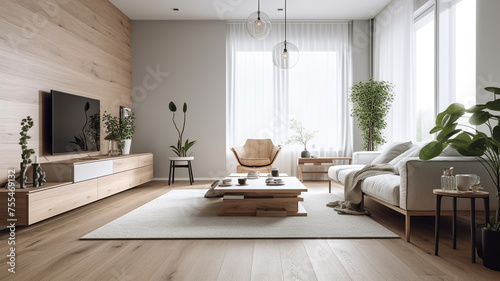 A furnished living room featuring a variety of furniture and a large flat screen television