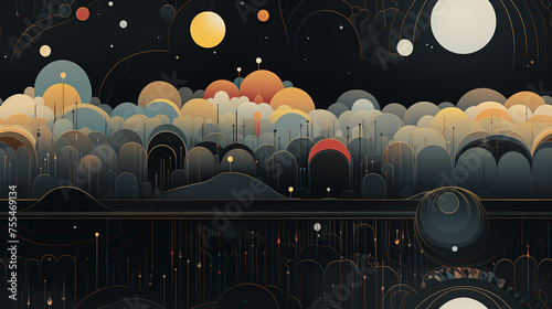 A painting depicting a night sky filled with numerous clouds
