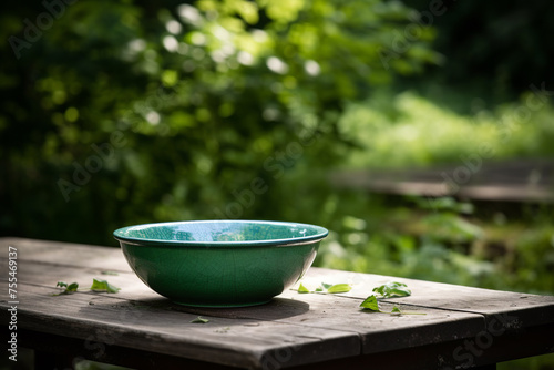 A green mixing bowl placed on top of a wooden table in a lush green park setting