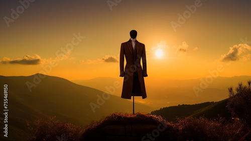 Mannequin dressed in suit standing atop hill