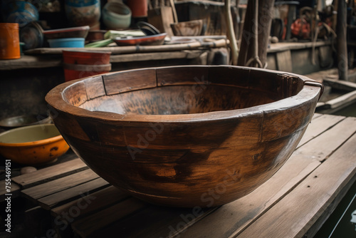 A mixing bowl sitting on a wooden table in a cozy mountain cabin