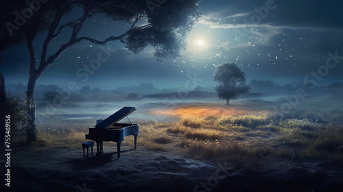 A grand piano sits alone in the middle of a field under a tree at night