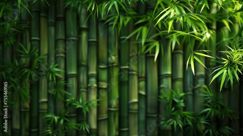A lush green bamboo forest with a wall of bamboo in the background. The bamboo is tall and green, and the leaves are full and vibrant. Concept of tranquility and natural beauty