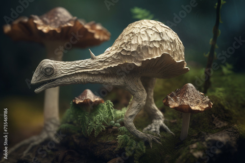 Cluster of Mushrooms Growing From Dead Dinosaurs Head