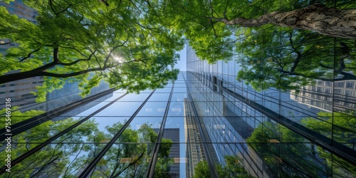 Reflective glass buildings with trees and sky
