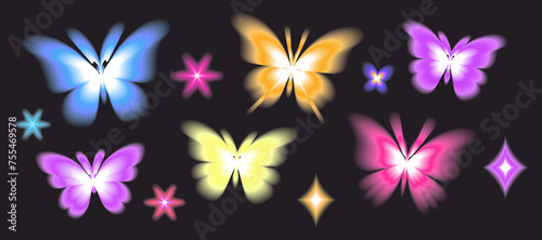 Aura butterfly y2k futuristic aesthetic figure collection, neon abstract blurry shapes isolated on dark background.