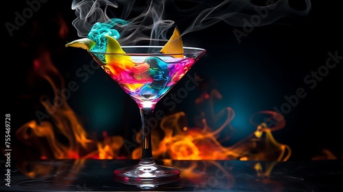 A colorful cocktail in the center of an elegant glass, surrounded by swirling smoke and flames on a black background