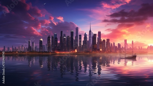 a city skyline with skyscrapers on the horizon, a small boat in front of it floating in calm waters, a purple and pink sunset sky