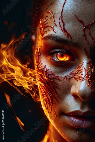 Vision of Fire - Artistic Eye with Fiery Iris and Face with Golden Flames Symbolizing Anger, Revenge, hatred, dislike, emotional distress. © Prabhash