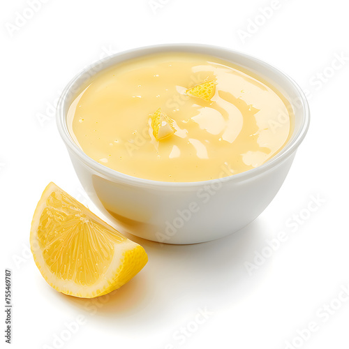 Bowl with lemon sauce isolated on white