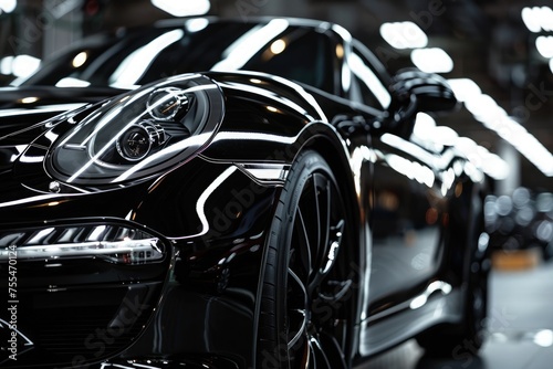 A close-up of a sleek, luxury black car's front side, highlighting the design and details under dramatic lighting © ffunn