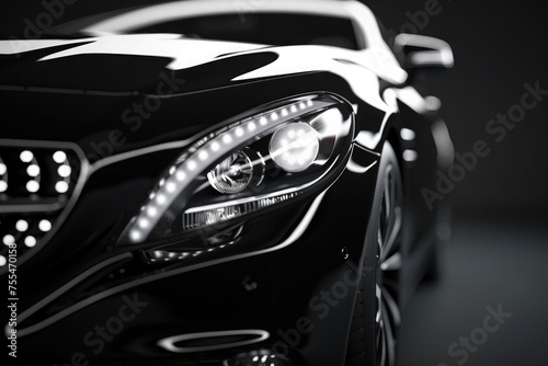A close-up of a sleek, luxury black car's front side, highlighting the design and details under dramatic lighting © ffunn