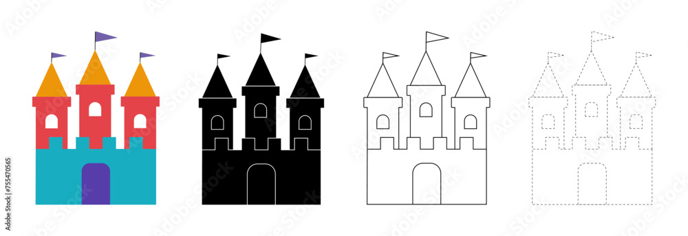Fairytale castle set vector illustration isolated. Color, black silhouette, black outline and dashed line icons.