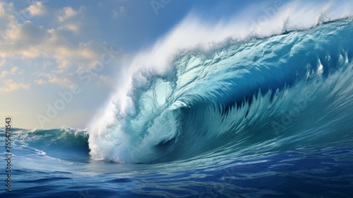Rolling blue waves crash, moving in with tide of ocean
 photo