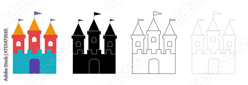 Fairytale castle set vector illustration isolated. Color, black silhouette, black outline and dashed line icons.
